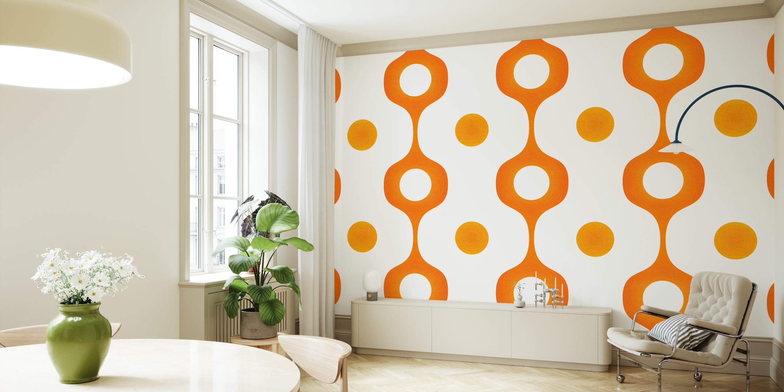 Papel tapiz geométrico naranja Retro 70s en una habitación